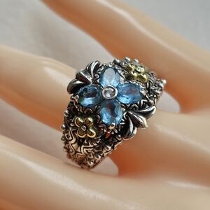 Floral Blue Topaz Ring In Sterling & 18K Gold